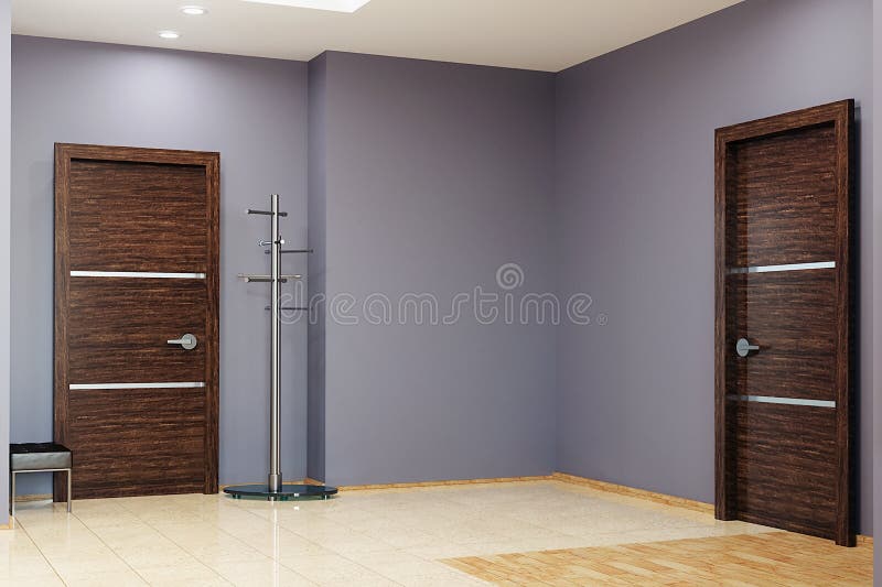 Modern hallway interior , wooden doors and fashionable steel clothes hanger. 3d rendering stock illustration